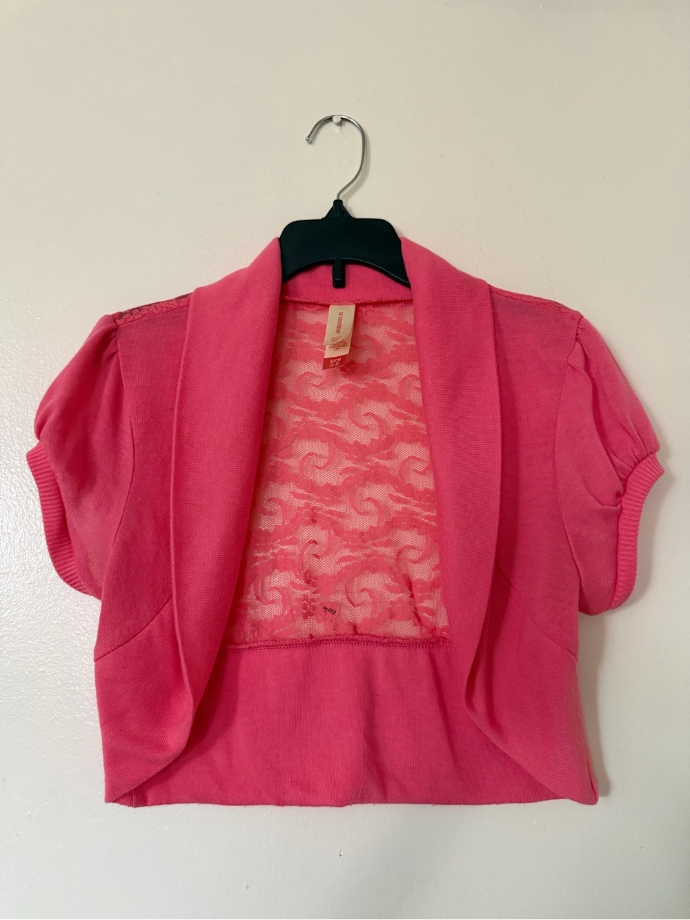 *BRAND NEW* No Boundaries Hot Pink Cropped Lace Back Short Puff Sleeves Cardigan
